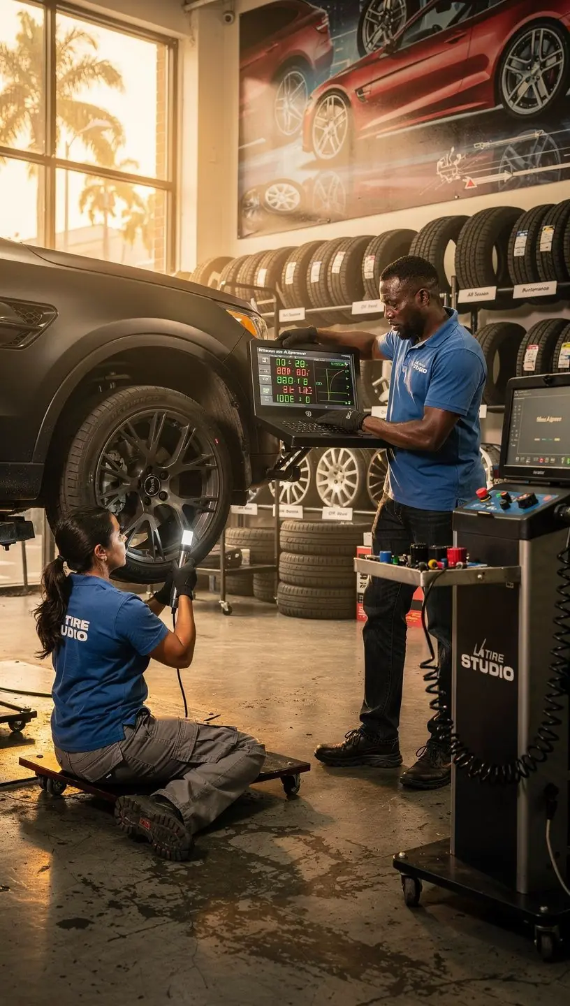 Custom alloy wheels showcased in a modern Los Angeles Clover tire and wheel installation studio.